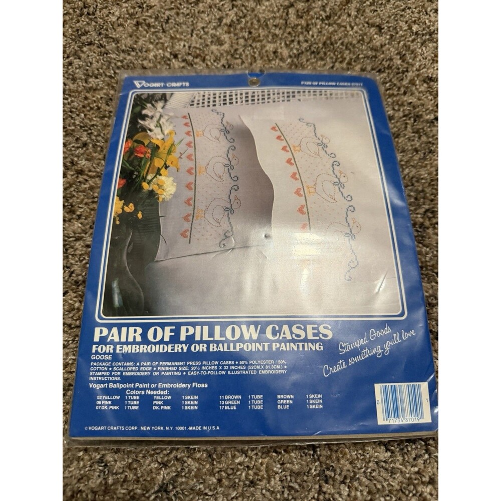 Vintage Vogart Goose Embroidery Pillowcase Kit Pair NOS Sealed Craft Set